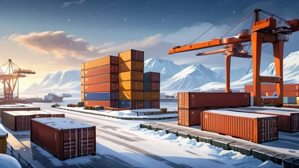 A snowy landscape where colorful shipping containers are standing around, being stacked by big cranes